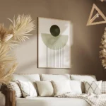 affiche avec un cercle vert fonce et une arche verte claire sur un fond blanc de salon.webp