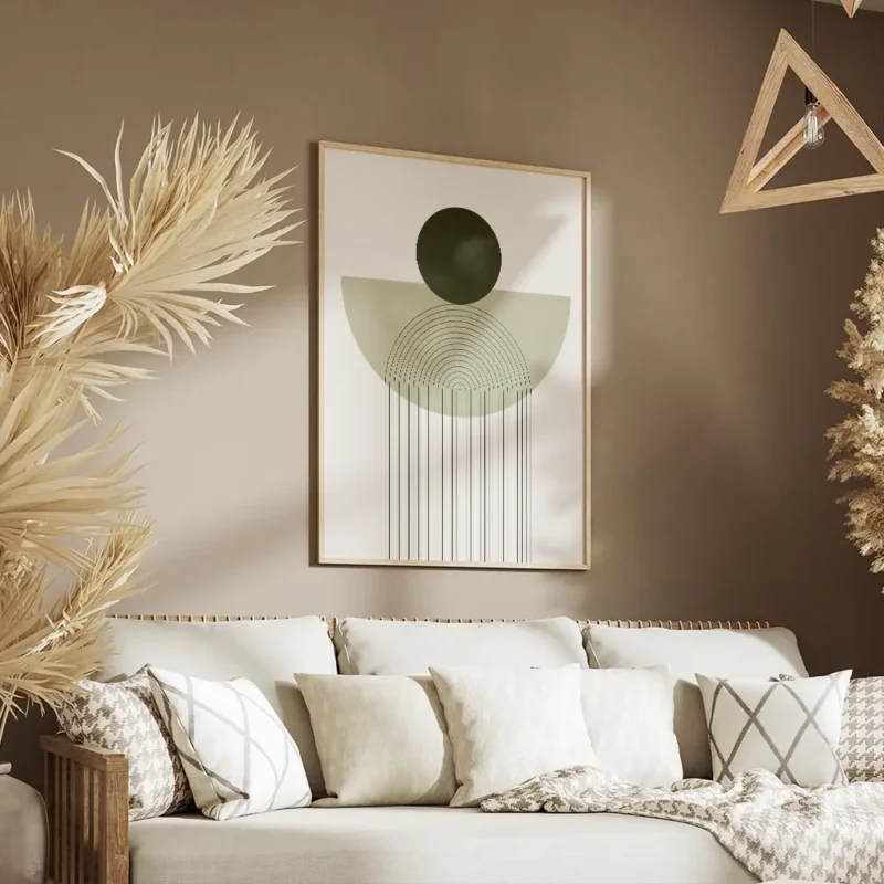 affiche avec un cercle vert fonce et une arche verte claire sur un fond blanc de salon.webp