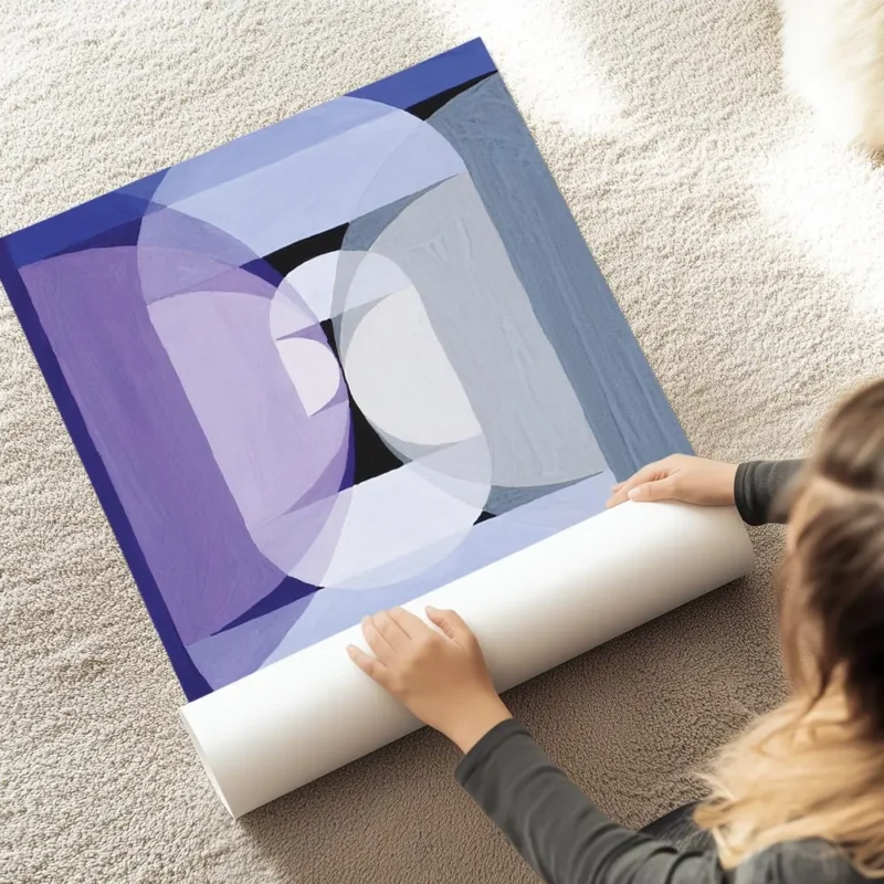 affiche avec un cercle violet et des formes geometriques bleues et grises avec u au sol.webp