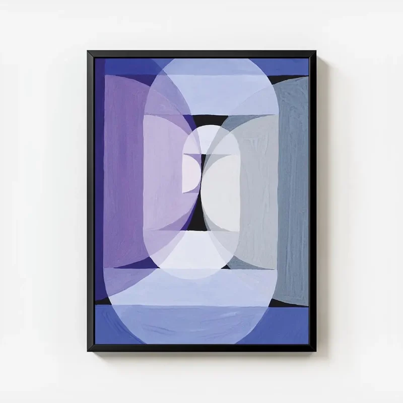 affiche avec un cercle violet et des formes geometriques bleues et grises avec u avec cadre.webp