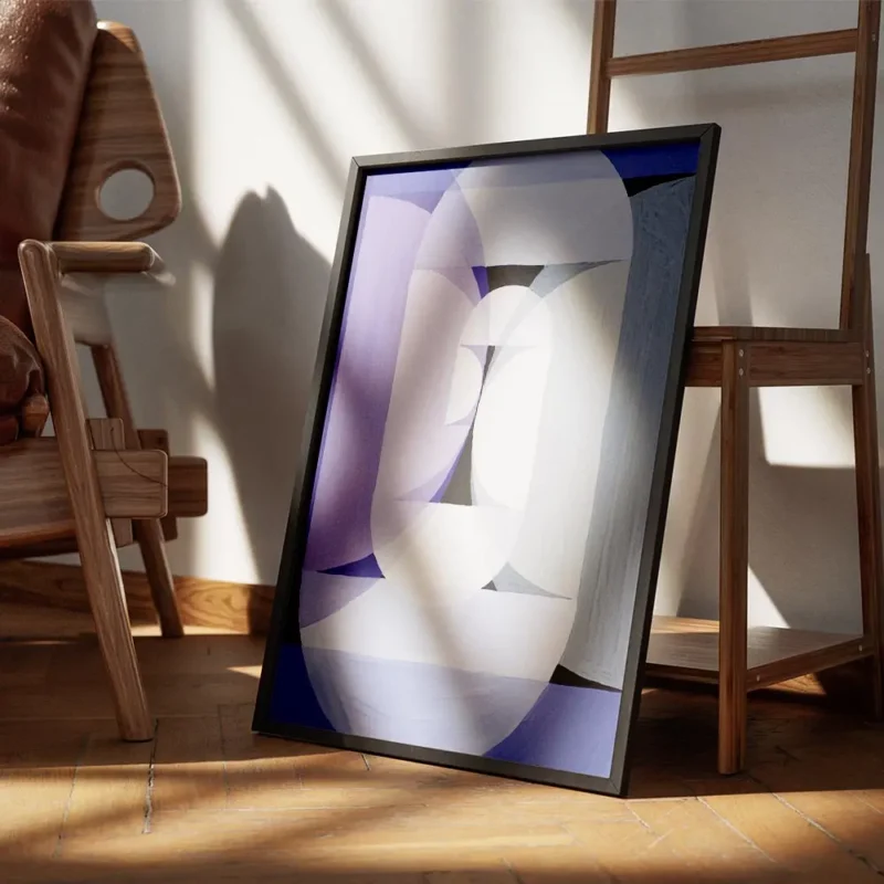 affiche avec un cercle violet et des formes geometriques bleues et grises avec u encadre.webp