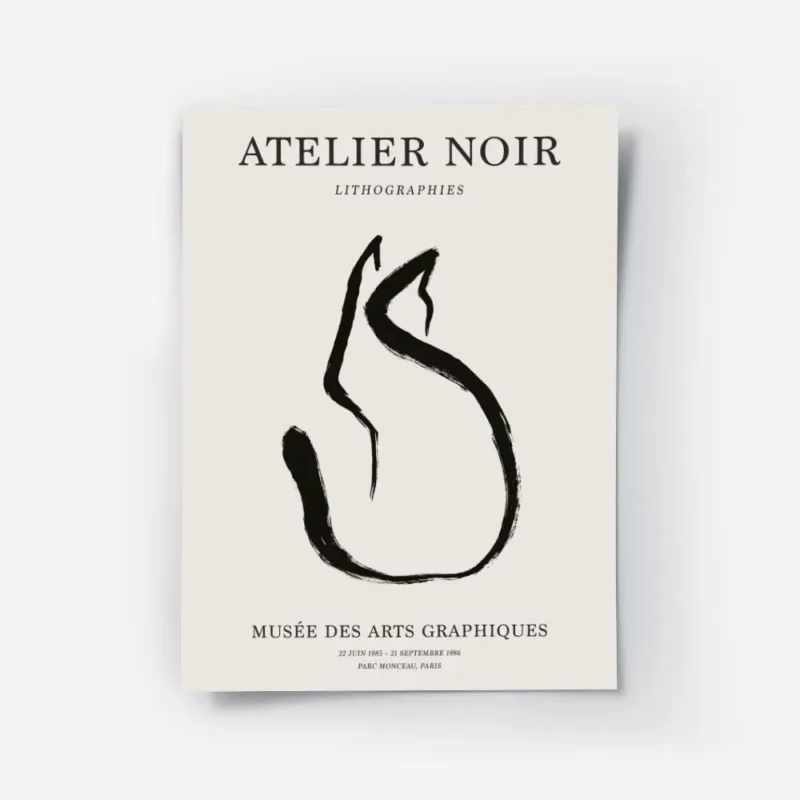 affiche avec un chat noir abstrait en line art sur fond beige avec du texte en t.webp