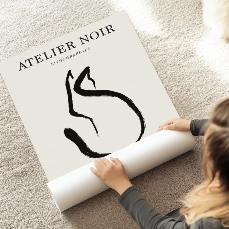 affiche avec un chat noir abstrait en line art sur fond beige avec du texte en t au sol.webp