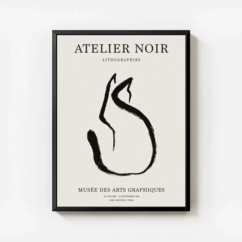 affiche avec un chat noir abstrait en line art sur fond beige avec du texte en t avec cadre.webp