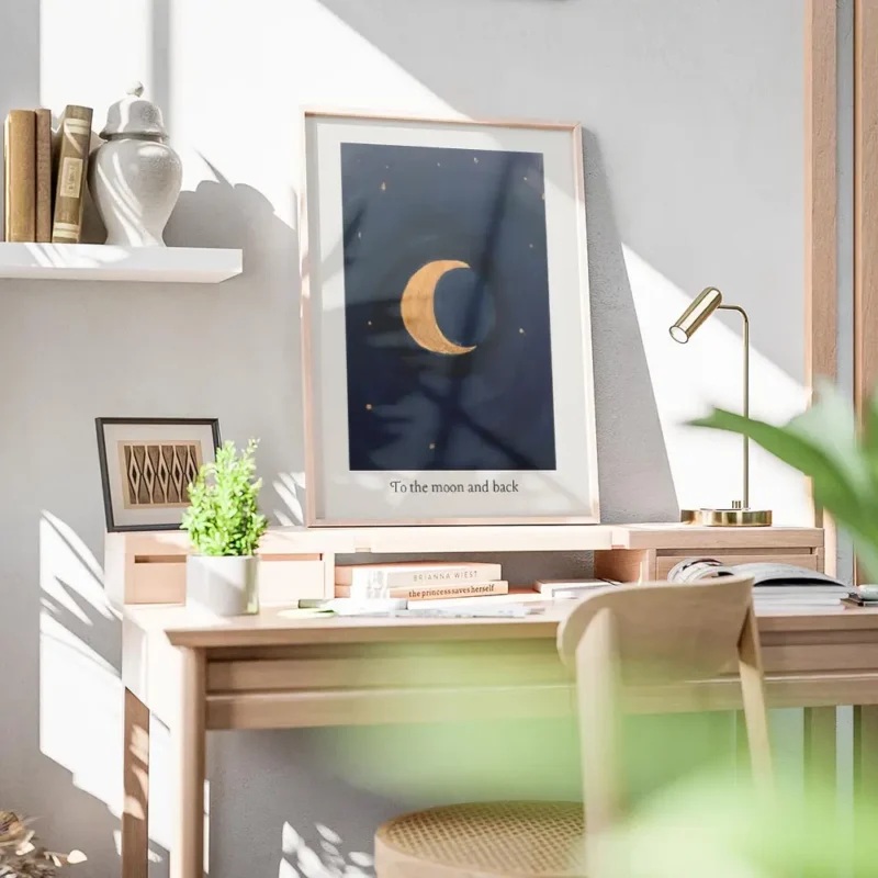 affiche avec un croissant de lune dore sur un fond bleu fonce parseme detoiles d bureau.webp