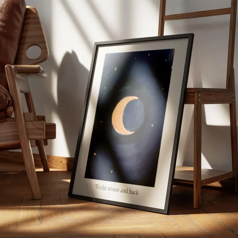 affiche avec un croissant de lune dore sur un fond bleu fonce parseme detoiles d encadre.webp