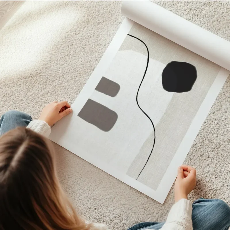 affiche avec un design abstrait de lignes noires et de formes beiges blanches et en rouleau.webp