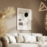 affiche avec un design abstrait de lignes noires et de formes beiges blanches et salon.webp