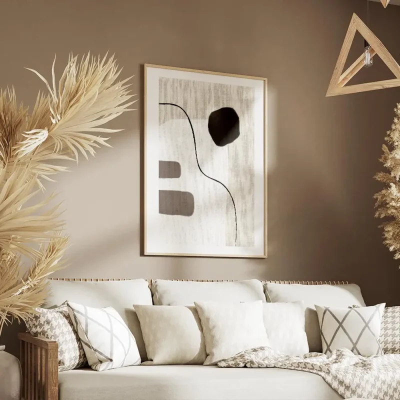 affiche avec un design abstrait de lignes noires et de formes beiges blanches et salon.webp