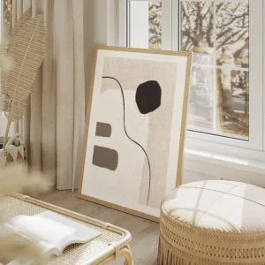 affiche avec un design abstrait de lignes noires et de formes beiges blanches et salon beige.webp