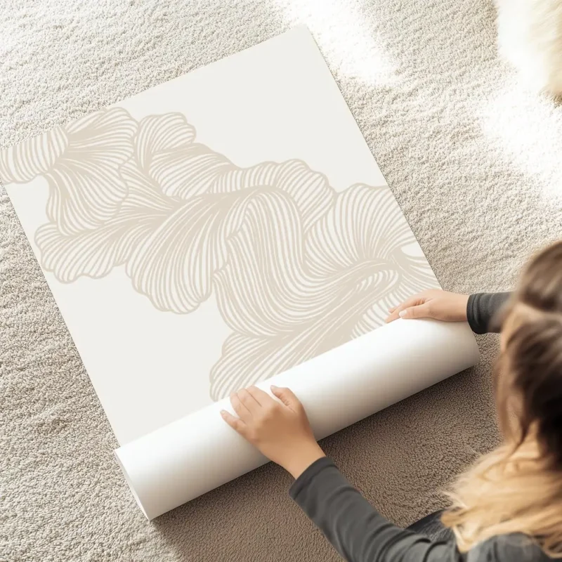 affiche avec un design de lignes beiges abstraites formant des formes organiques au sol.webp
