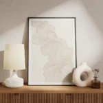 affiche avec un design de lignes beiges abstraites formant des formes organiques meuble.webp