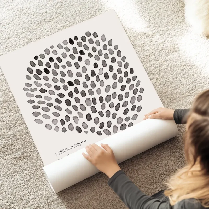affiche avec un design de points noirs en nuances variees formant un cercle avec au sol.webp