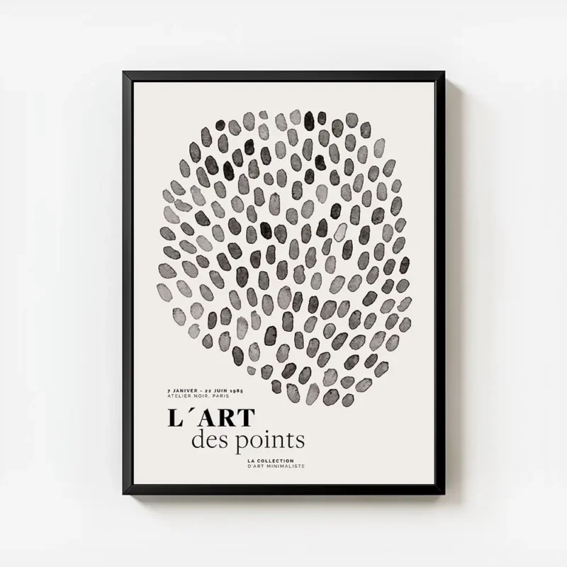 affiche avec un design de points noirs en nuances variees formant un cercle avec avec cadre.webp