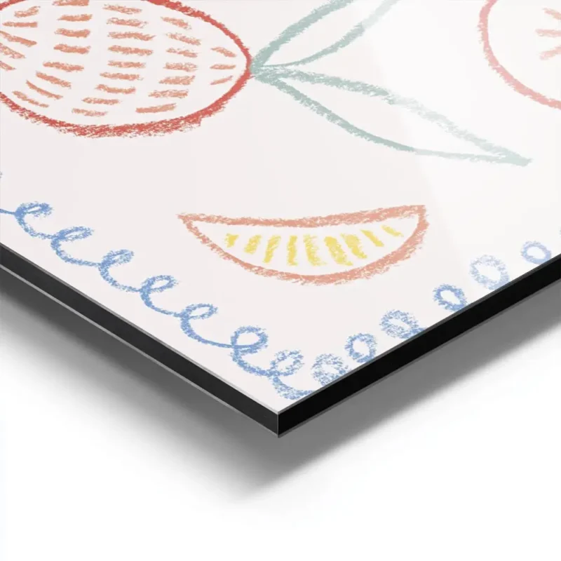affiche avec un dessin colore de fruits orange et jaune sur fond clair avec du t aluminium.webp