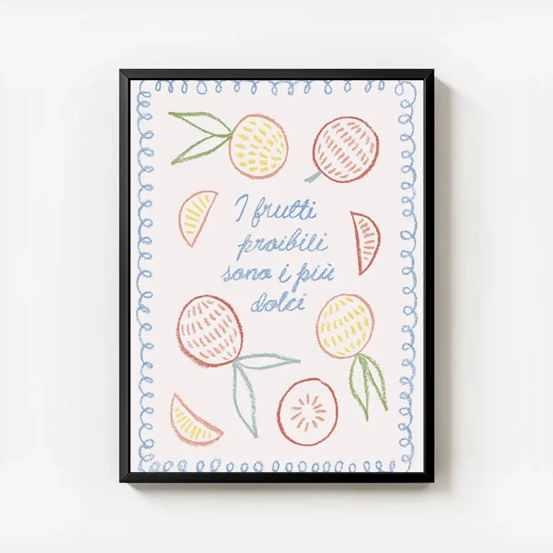 affiche avec un dessin colore de fruits orange et jaune sur fond clair avec du t avec cadre.webp