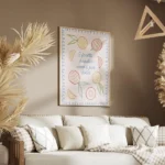 affiche avec un dessin colore de fruits orange et jaune sur fond clair avec du t salon.webp