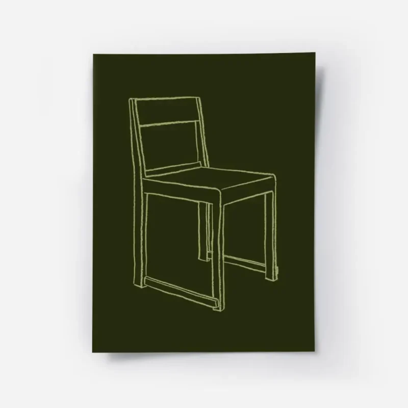 affiche avec un dessin de chaise simple en traits verts clair sur fond vert fonc.webp