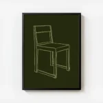 affiche avec un dessin de chaise simple en traits verts clair sur fond vert fonc avec cadre.webp