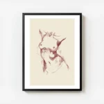 affiche avec un dessin de femme nue croquis aux traits rouges sur fond beige avec cadre.webp