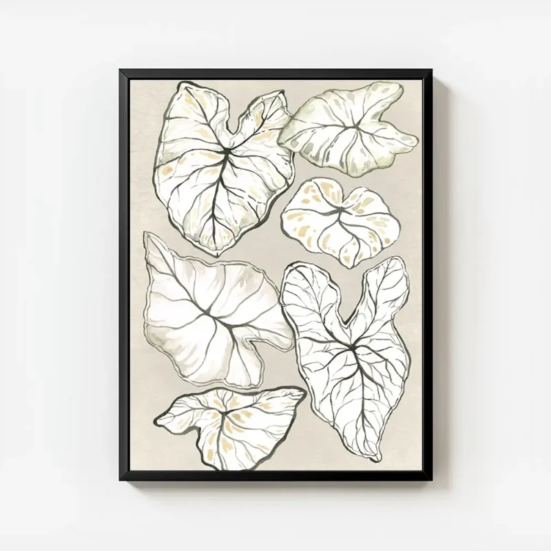 affiche avec un dessin de feuilles tropicales blanches et vertes sur fond beige avec cadre.webp