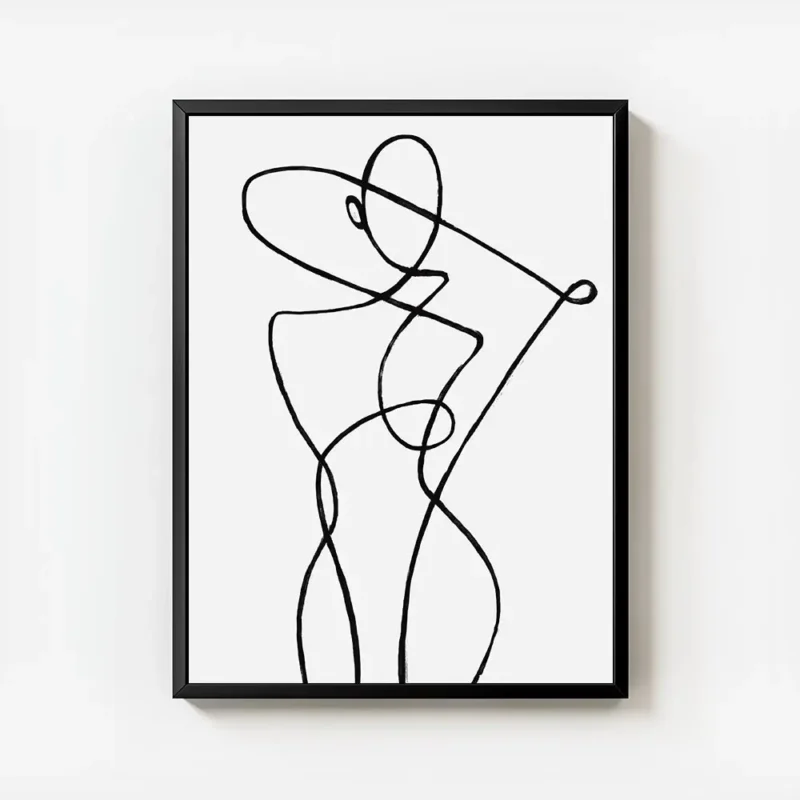 affiche avec un dessin de line art noir sur fond gris clair representant un corp avec cadre.webp