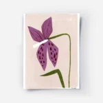 affiche avec un dessin de lys violet avec des taches marron et une tige verte su.webp