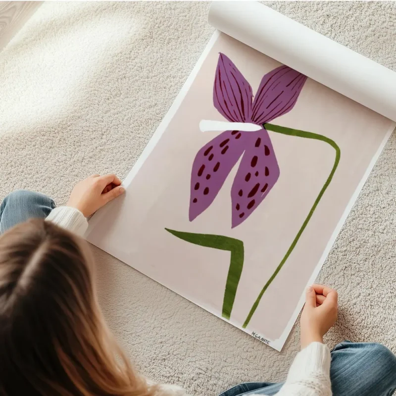 affiche avec un dessin de lys violet avec des taches marron et une tige verte su en rouleau.webp