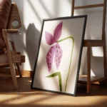 affiche avec un dessin de lys violet avec des taches marron et une tige verte su encadre.webp