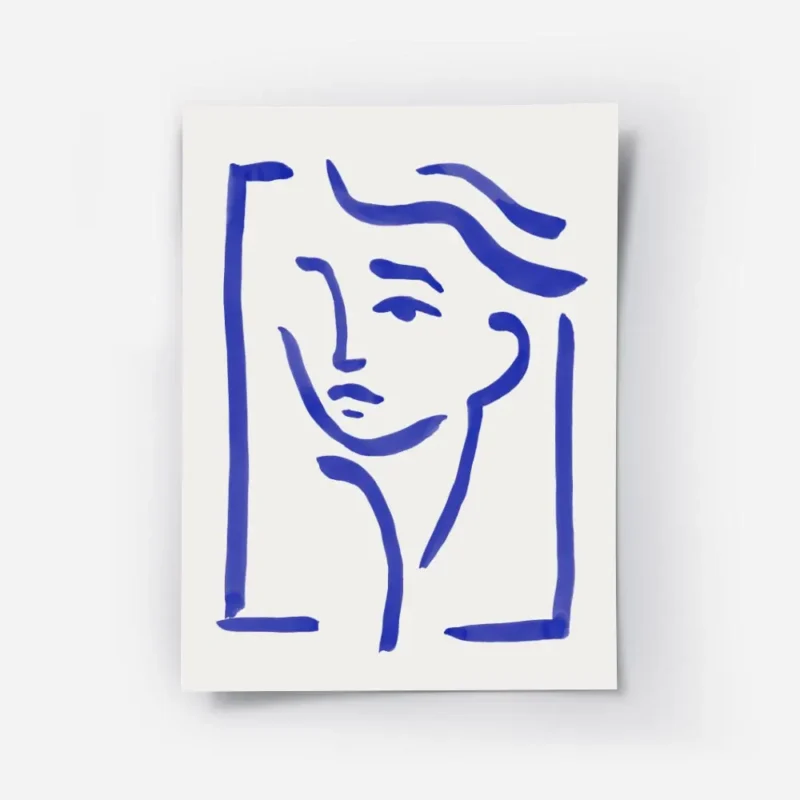 affiche avec un dessin de visage abstrait en lignes bleues sur fond clair style .webp