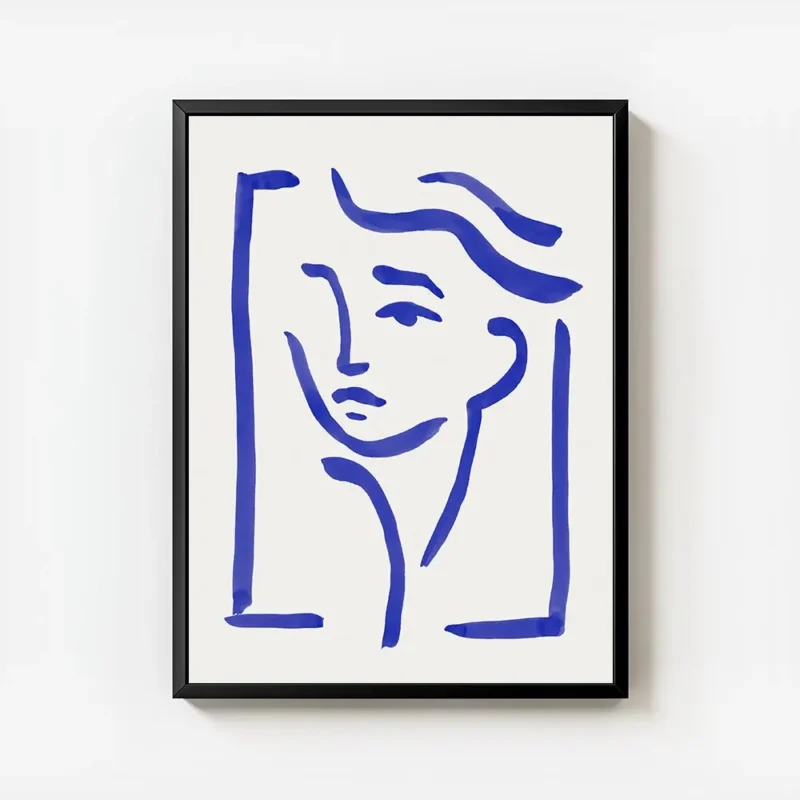 affiche avec un dessin de visage abstrait en lignes bleues sur fond clair style avec cadre.webp