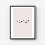 affiche avec un dessin minimaliste de seins sur fond rose pale typographie noire avec cadre.webp