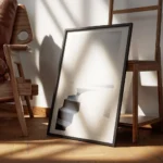 affiche avec un escalier bleu menant a une terrasse blanche surplombant la mer e encadre.webp