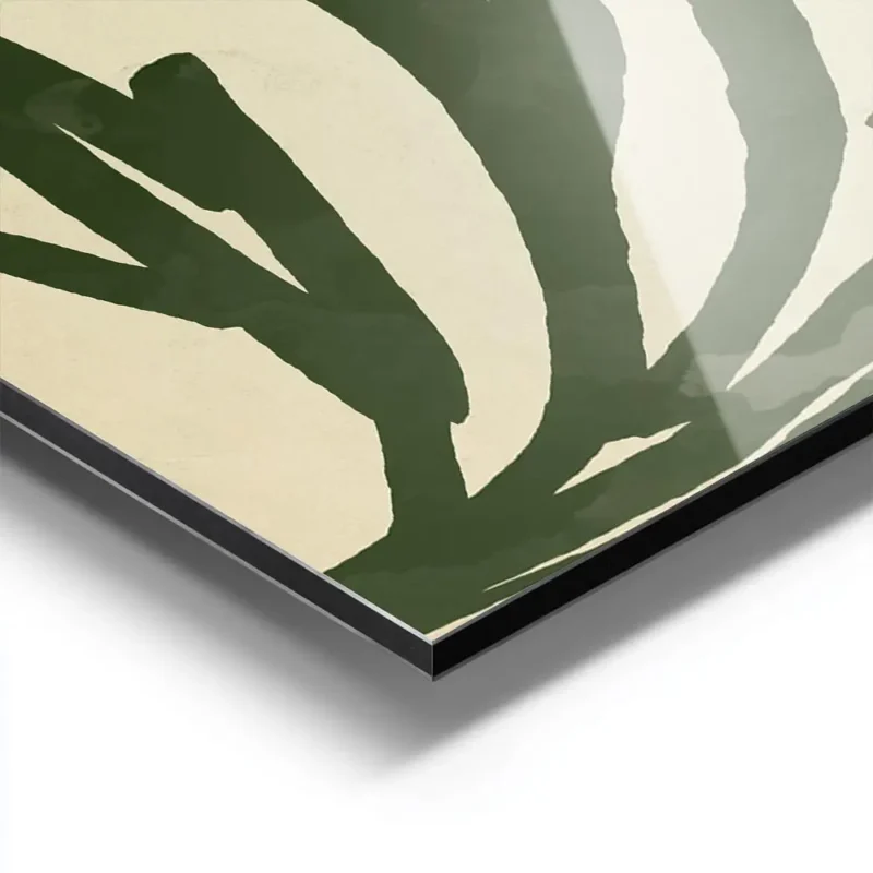 affiche avec un fond vert delave des formes vegetales sombres un cercle vert vif aluminium.webp
