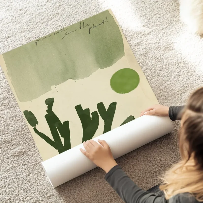 affiche avec un fond vert delave des formes vegetales sombres un cercle vert vif au sol.webp