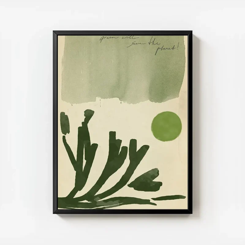 affiche avec un fond vert delave des formes vegetales sombres un cercle vert vif avec cadre.webp