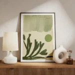 affiche avec un fond vert delave des formes vegetales sombres un cercle vert vif meuble.webp