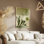 affiche avec un fond vert delave des formes vegetales sombres un cercle vert vif salon.webp