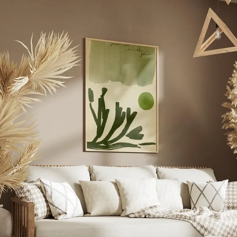 affiche avec un fond vert delave des formes vegetales sombres un cercle vert vif salon.webp