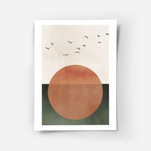 affiche avec un grand soleil orange sur fond beige et vert survole par des oisea.webp