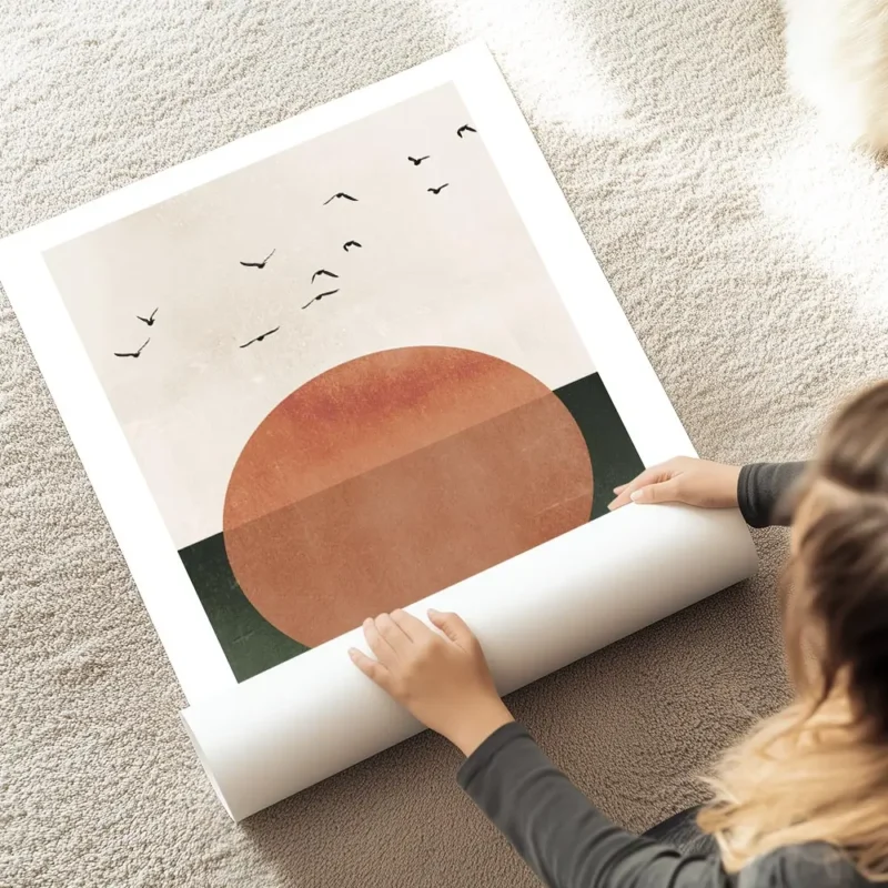 affiche avec un grand soleil orange sur fond beige et vert survole par des oisea au sol.webp
