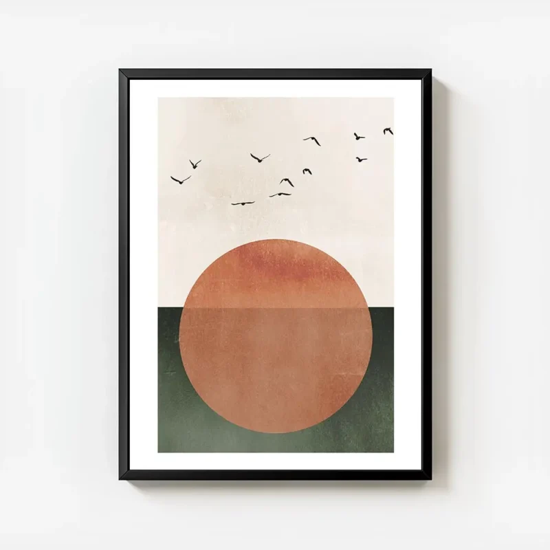 affiche avec un grand soleil orange sur fond beige et vert survole par des oisea avec cadre.webp