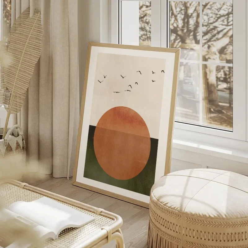 affiche avec un grand soleil orange sur fond beige et vert survole par des oisea salon beige.webp