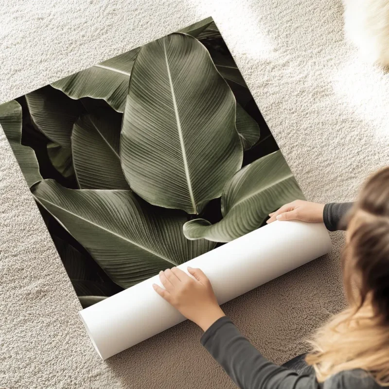 affiche avec un gros plan de feuilles tropicales vert fonce aux nervures proemin au sol.webp