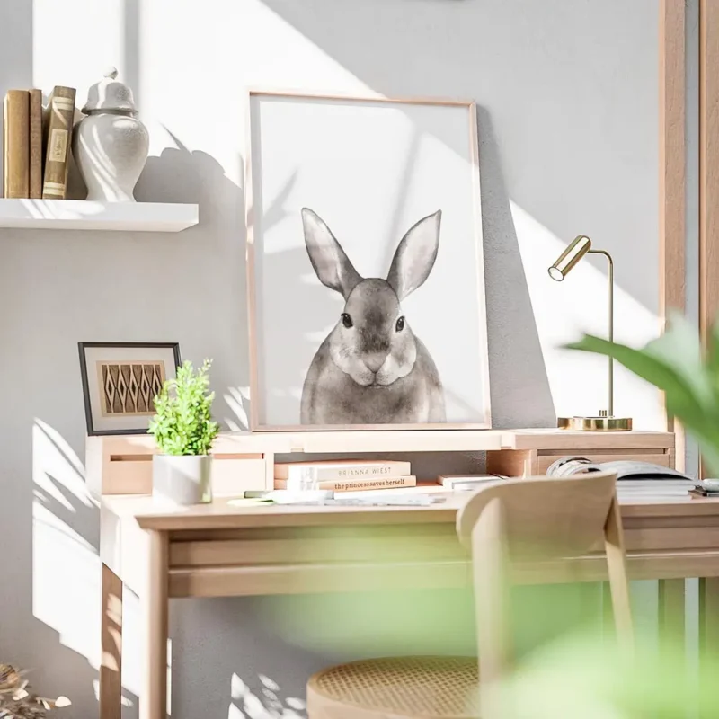 affiche avec un lapin marron clair a laquarelle sur fond blanc avec de grandes o bureau.webp