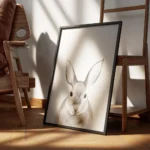 affiche avec un lapin marron clair a laquarelle sur fond blanc avec de grandes o encadre.webp