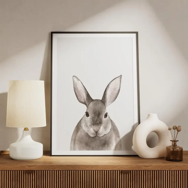 affiche avec un lapin marron clair a laquarelle sur fond blanc avec de grandes o meuble.webp