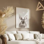 affiche avec un lapin marron clair a laquarelle sur fond blanc avec de grandes o salon.webp