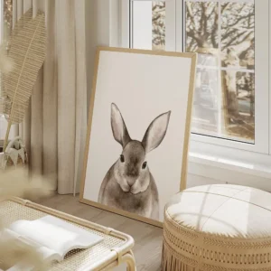 affiche avec un lapin marron clair a laquarelle sur fond blanc avec de grandes o salon beige.webp