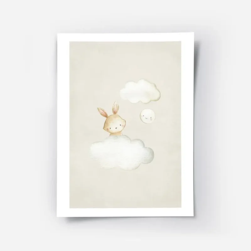 affiche avec un lapin marron dans un nuage blanc a cote dun petit cercle sourian.webp